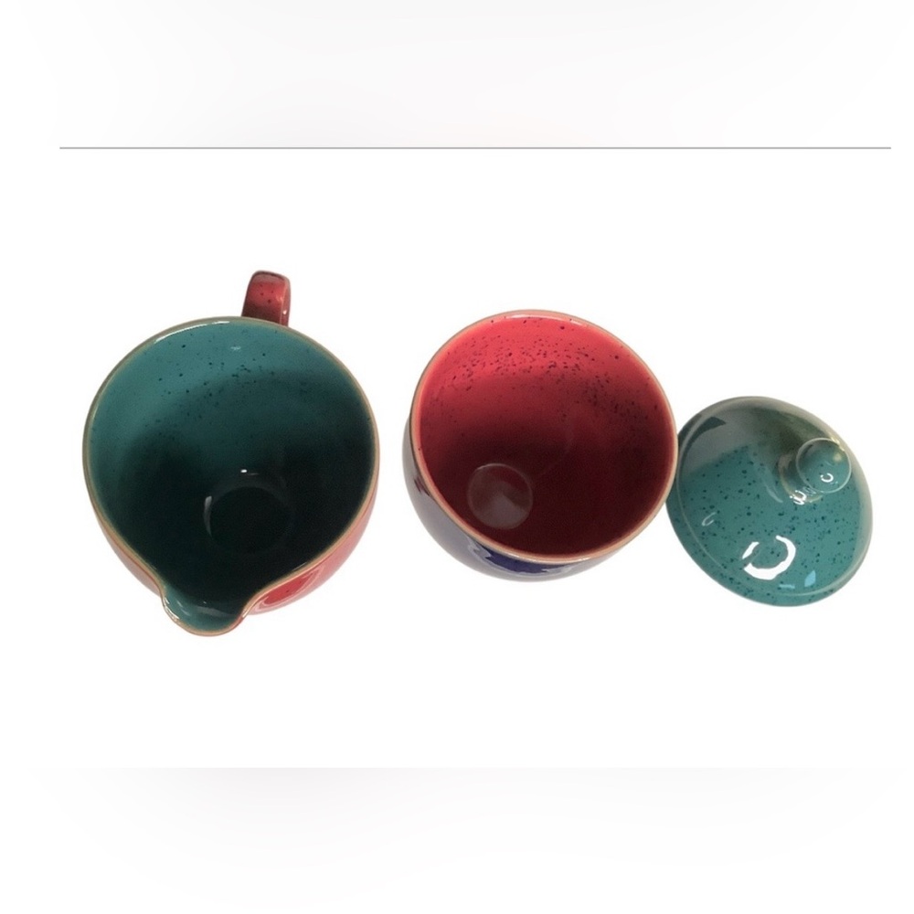Vintage Denby England Harlequin Stoneware Sugar & Creamer Set Red Navy and Green - Picture 4 of 10